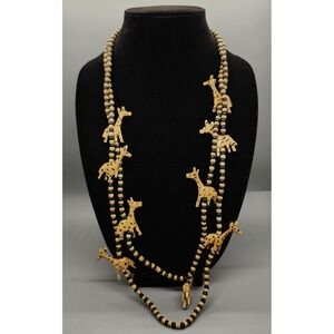 Safari Wooden Giraffe Beaded Necklace Long Multi-Strand Animal Charm Folk Art